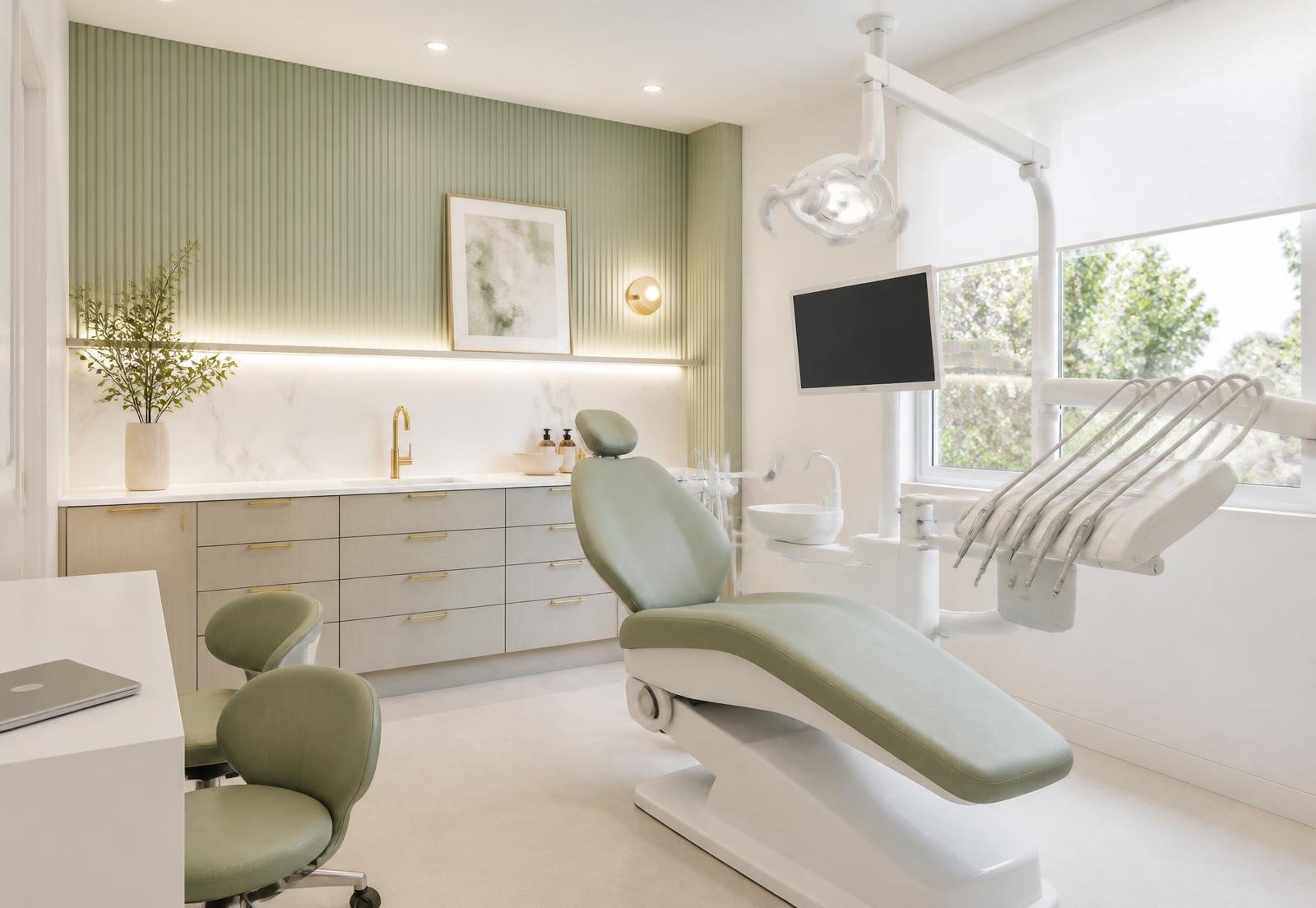 Gabinete de medicina dentária com cadeira em tom verde-claro e luz natural